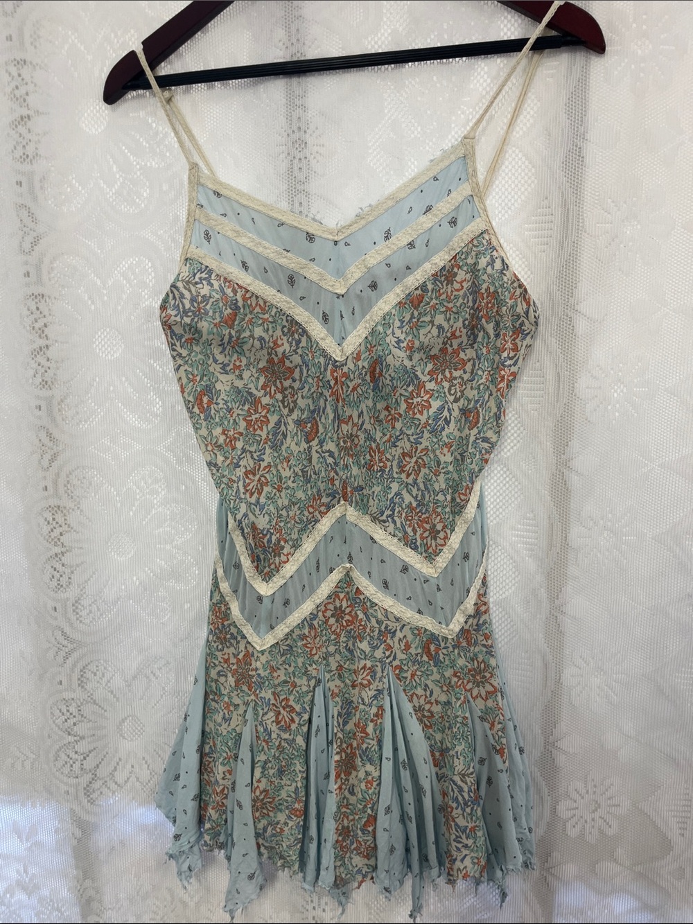 Free People Intimates Light Blue Floral Slip Dress with Cream Lace Trim M